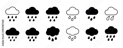 Weather icons cloud and rain black vector symbols