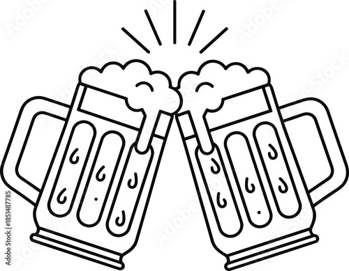 A clean black and white line art illustration of two frothy beer mugs clinking together in a celebratory toast isolated on white
