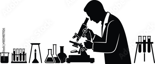 Scientist silhouette in lab, microscope, beaker, test tubes, flasks, Bunsen burner, research equipment, black vector science illustration