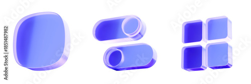 Foto Set 3D Glass square, toggle switch, and grid menu icon isolated on transparent background, essential elements for app interface and web dashboard design