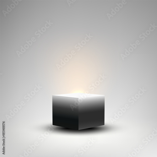 Minimalist digital abstract concept of a glossy dark geometric cube object casting a shadow under a golden glow for modern technology and presentation