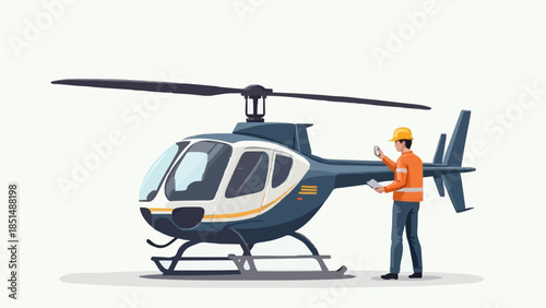Helicopter Engineer Conducting Pre-Flight Safety Inspection – Vector Illustration