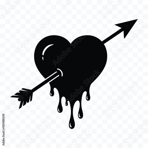 Black heart pierced by arrow with dripping liquid effect on transparent background vector