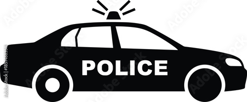 A minimalist black silhouette of a police car icon with emergency flashing lights on top and bold white lettering on a white background