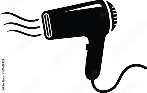 A professional black silhouette of a modern hair dryer with a power cord and air flow lines for beauty salon and personal grooming concepts