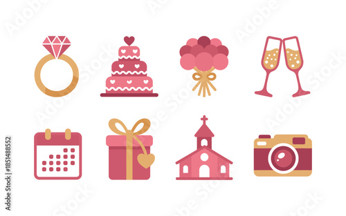 Wedding celebration icons ring cake bouquet champagne vector