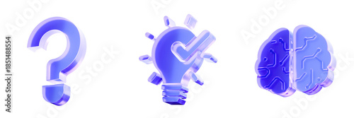 Konstfotografi Set 3D Glass question mark, lightbulb, and brain icon isolated on transparent background, symbols for problem solving, innovation, and creative thinking