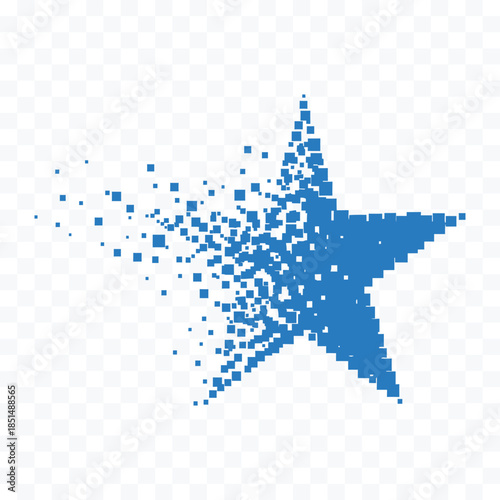 Blue star dissolving into small squares on transparent checkered background disintegrating exploding
