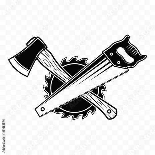 Crossed axe hand saw and circular saw blade black silhouette emblem woodworking
