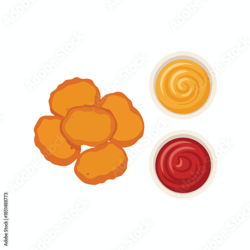 Chicken nuggets with mustard & ketchup, cartoon style