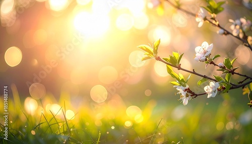 Beautiful spring morning with bright sun shining through blooming white flowers and lush green grass, creating a warm and vibrant natural scene.