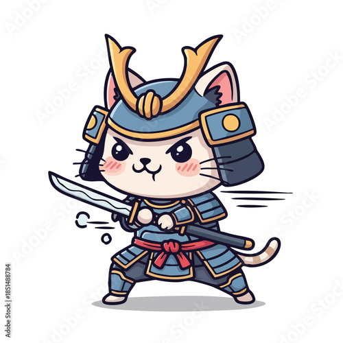Warrior cat: A brave feline warrior, adorned in traditional samurai armor and wielding a katana, stands ready for battle. An illustration of determination and courage.