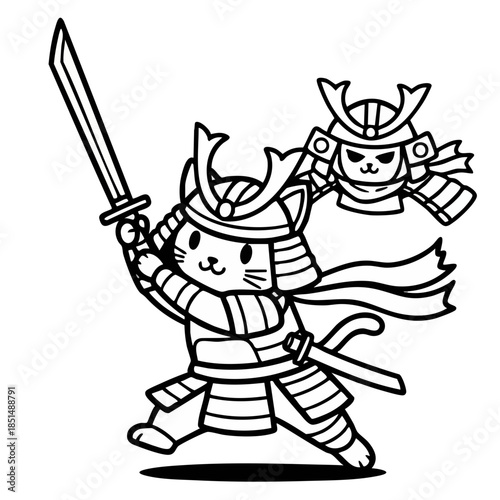 Warrior Cat: A determined warrior cat, clad in traditional samurai armor, brandishes a gleaming katana blade, embodying courage and strength, ready for battle.