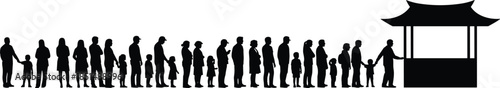 Crowd of people silhouette queueing in long line, adults and children waiting patiently for service at ticket booth or kiosk, isolated black figures on white background.
