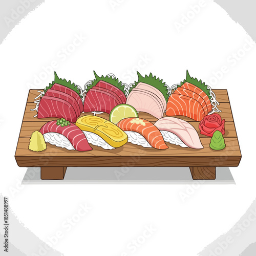 A colorful assortment of sushi and sashimi arranged on a wooden serving board