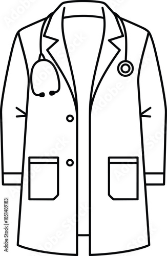 A clean black and white line art illustration of a professional medical lab coat with a stethoscope for doctors and healthcare workers