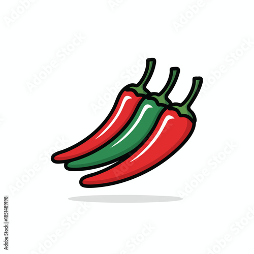 Three chili peppers, red and green, in a cartoon style, slight shadow
