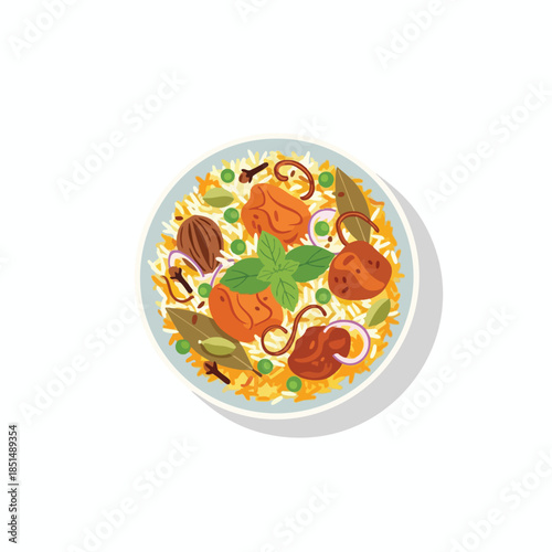 Overhead view of a plate with yellow rice, meat, spices, and garnishes