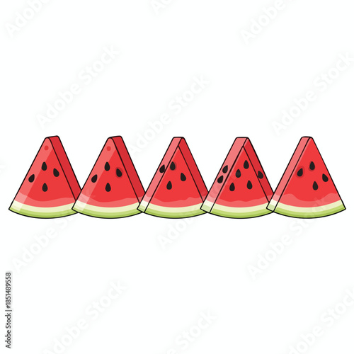 Five cartoon watermelon slices in a row with red flesh and black seeds