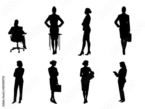 Silhouettes of women in office roles—presenting, seated, gesturing—evoking scenes of executive leadership, front-desk reception, and confident workplace presence