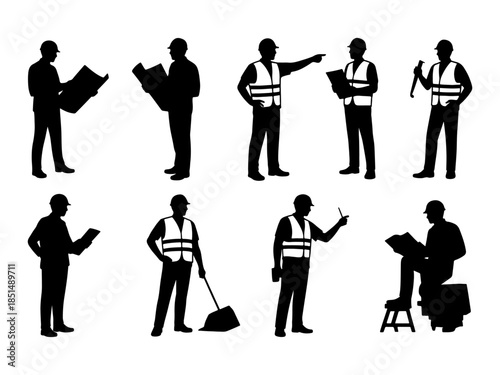 Silhouettes of construction workers in safety gear—reading plans, sweeping, drilling, pointing—evoking themes of fire prevention, workplace hazards, and health awareness for industrial safety campaign