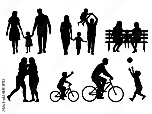 Silhouettes of families and friends in heartfelt moments—embracing, playing, cycling—ideal for parenting campaigns, emotional branding