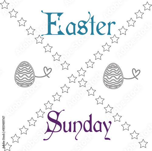 Easter Sunday Typography Vector Design with Decorative Stars and Egg Elements, Minimal Christian Holiday Illustration on White Background