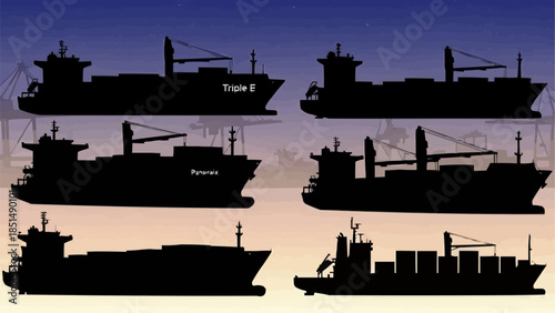 Collection of Cargo Ships Silhouettes at Sunset.