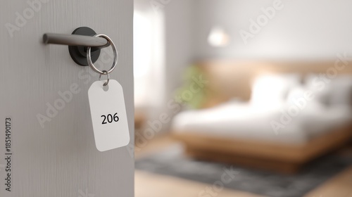 Modern hotel room key hanging on elegant door with cozy bedroom view