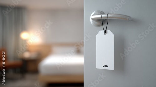 Modern hotel room door with sleek silver handle and room number tag 206