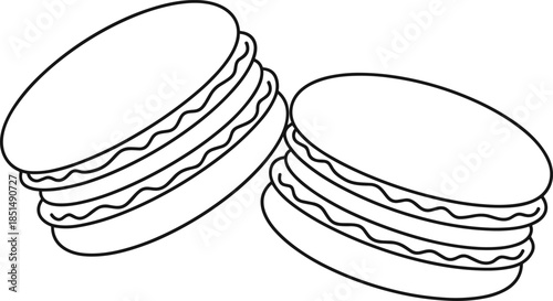 A simple black and white line art illustration of two delicate French macarons with creamy filling for bakery menu and sweet dessert concepts