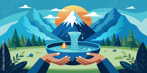 Frisches Quellwasser aus Brunnen in den Bergen mit Händen aufgefangen.