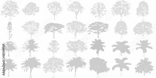 Collection of diverse tree silhouettes in varying shapes and sizes