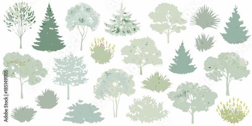 A collection of various green and pale blue stylized tree silhouettes