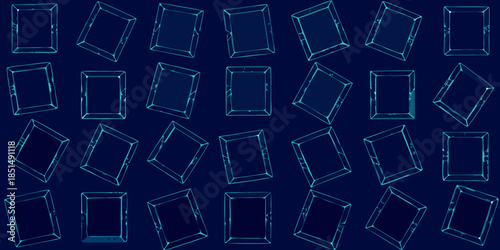 Abstract arrangement of glowing blue rectangular and diamond shaped frames