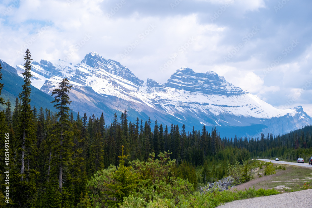 Fototapeta premium Mountains and trees in Banff Canada with snow on the peaks and clouds in the sky during daytime