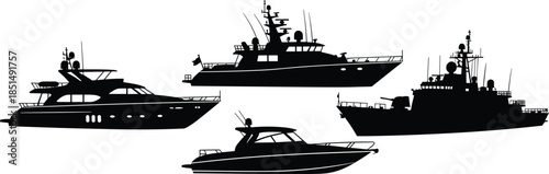 Diverse Vessel Silhouette Vector Set, Luxury Yacht, Patrol Boat, Warship, Speedboat, Maritime Transport, Ocean Travel and Military Fleet
