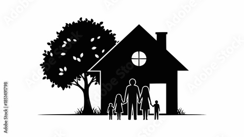 Family standing in front of a house with a tree.