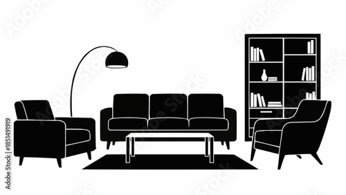 Living Room Furniture Silhouette with Sofa Armchairs Coffee Table and Bookshelf.