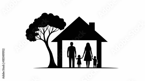 Silhouette of a Family Standing Inside a House with a Tree.