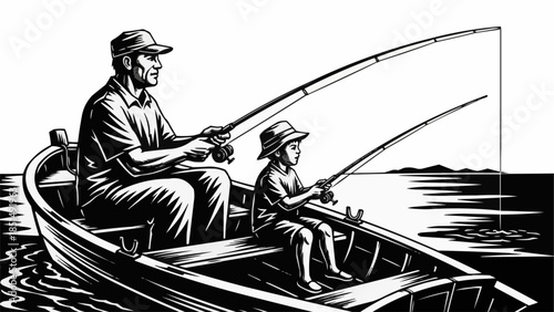 Father and Son Fishing Together in a Boat.