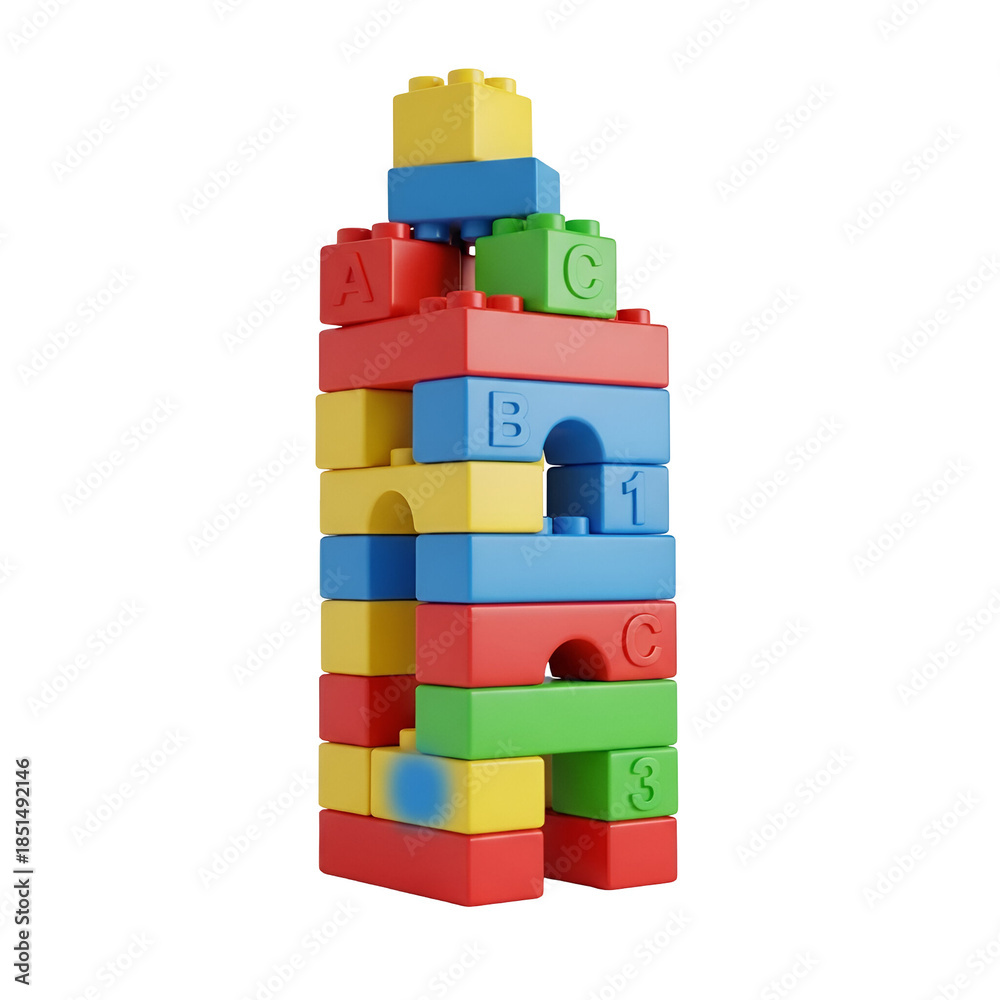 Obraz premium Colorful tower constructed from plastic building blocks with letters on a plain white background.