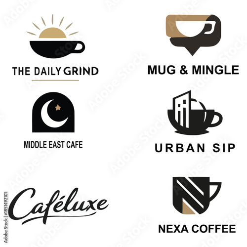 Set of 6 modern coffee shop logos with minimalist branding. Creative cafe emblems featuring mugs, beans, and urban elements for coffee houses, roasteries, and bistro identities