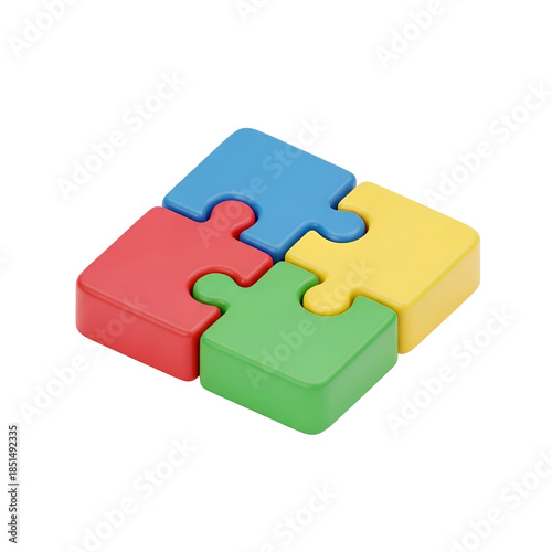 Four interlocking puzzle pieces in red, blue, green, and yellow on a white background with a flat lay composition.