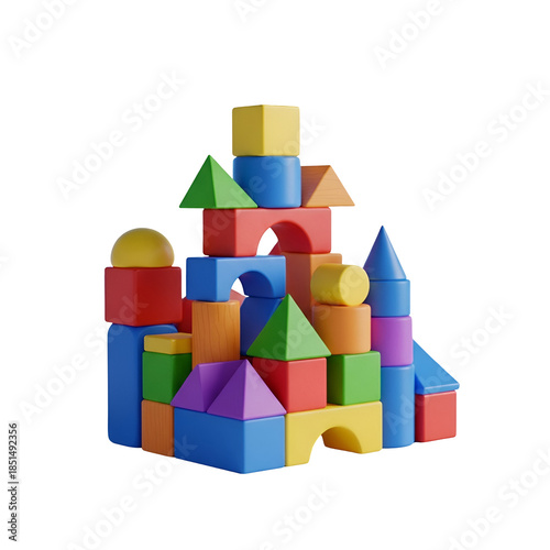 Colorful wooden blocks stacked to form a castle structure on a plain white background with various shapes and vibrant hues.
