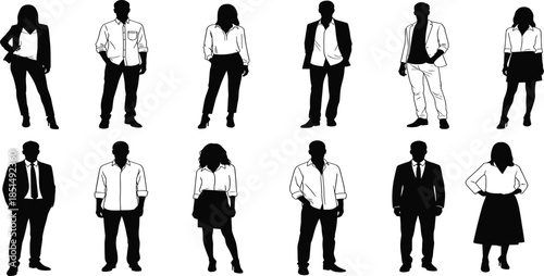 Business silhouette people, professional attire, standing pose, men and women, office fashion, minimal vector, workplace diversity, side view illustration