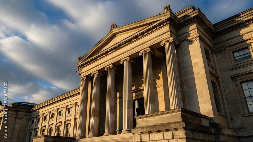 Fototapeta premium Majestic classical stone building with Doric columns at golden hour
