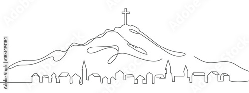 Mountain village continuous line drawing, European alpine town landscape with peak cross, minimalist one line art.