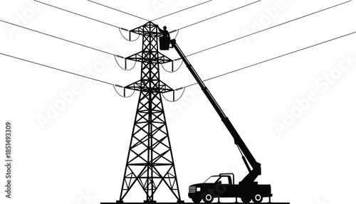 Electrician Working on High Voltage Power Line Tower Silhouettes with Bucket Truck, Electrical Maintenance, Energy Infrastructure Repair, Utility Service Worker.