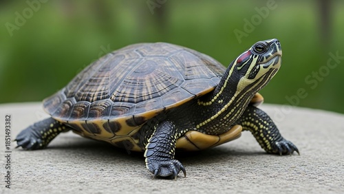 Close-up of a Yellow-Bellied Slider Turtle on a Concrete Surface.